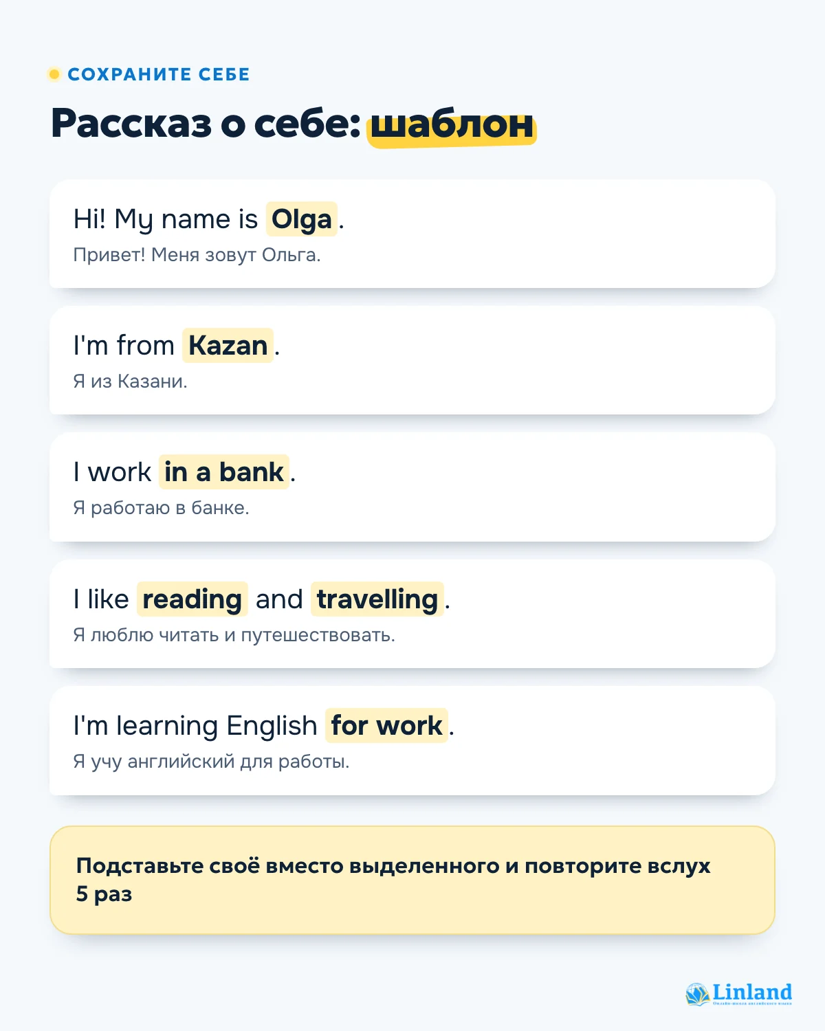 Шаблон рассказа о себе на английском для начинающих: имя, город, работа, увлечения — с переводом