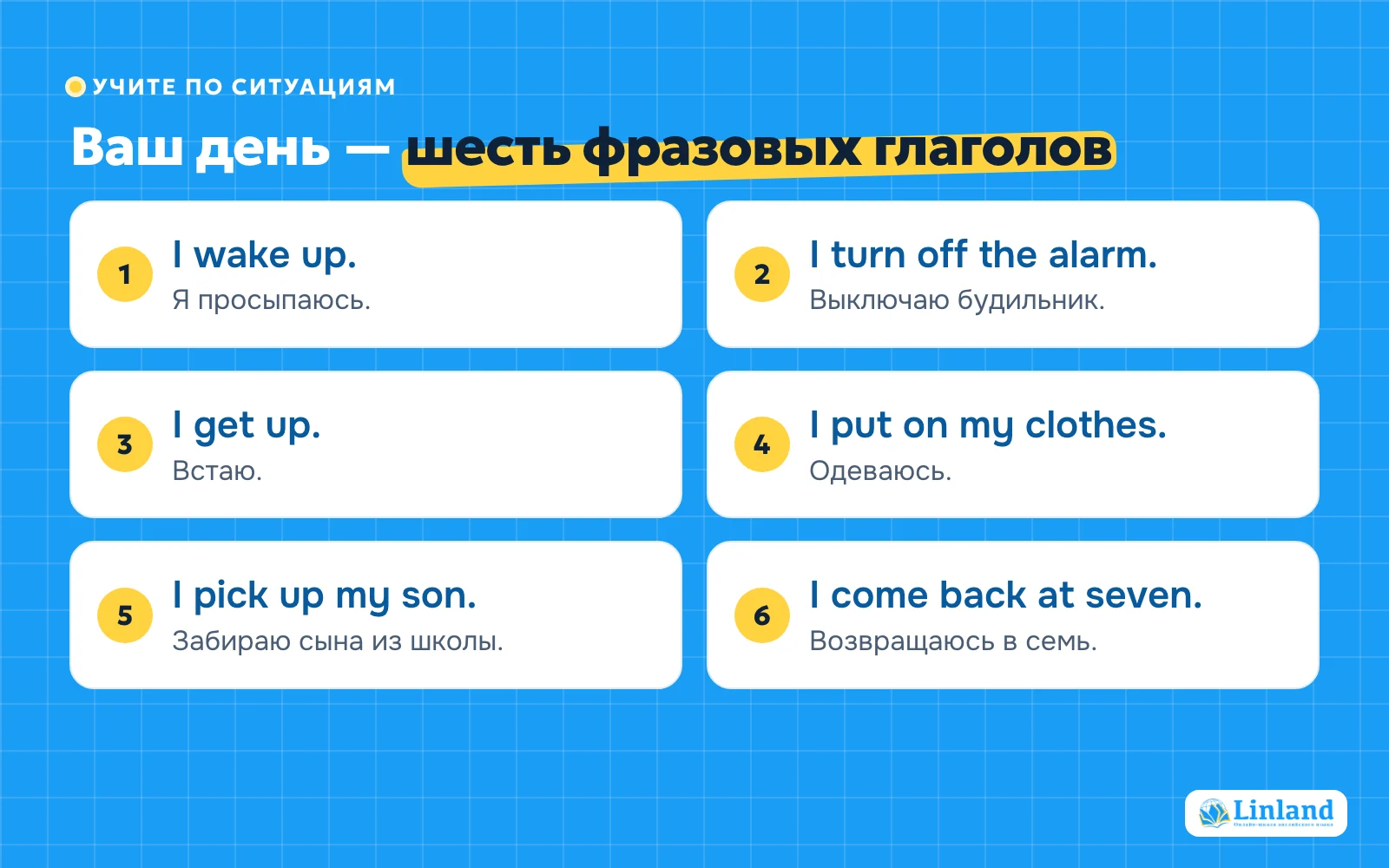 Фразовые глаголы по ситуациям: обычный день в шести фразах — wake up, get up, put on, pick up, come back